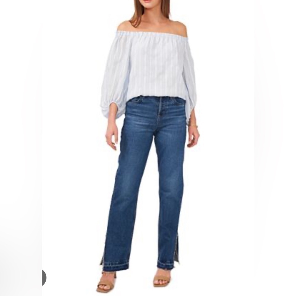 VINCE CAMUTO Striped Balloon-Sleeve Off-The-Shoulder Top - Picture 3 of 9